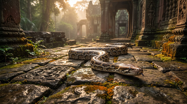 Large python snake crawling on stone path in ancient jungle temple ruins at sunrise. Concept of serpent, reptile, angkor wat.