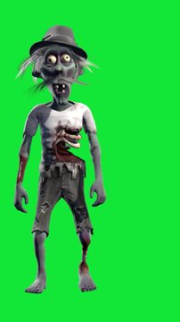 Funny and creepy zombie listening to music and dancing to the beat on a green screen. Halloween party vibes. Looped 3D animation for holiday events, invitations, and music video backgrounds.