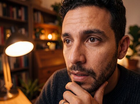 Professional Hispanic male seeking clarification in warm home office