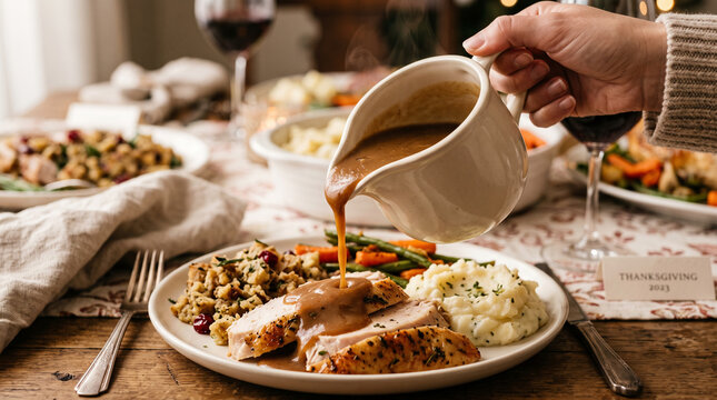 Gravy pours from a white ceramic boat over roasted turkey with mashed potatoes, stuffing and vegetables on a warmly lit autumn holiday dinner table, creating a welcoming homemade feast scene.