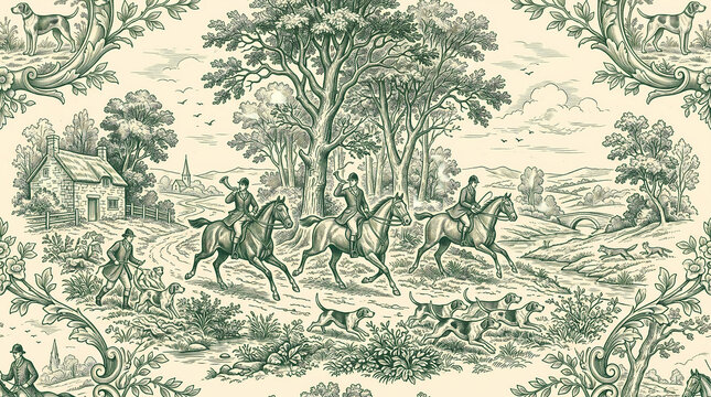Vintage toile de Jouy seamless pattern depicting a traditional English fox hunt scene with riders on horses and hounds.