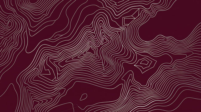 Abstract topographic map background with white contour lines on a dark burgundy background.