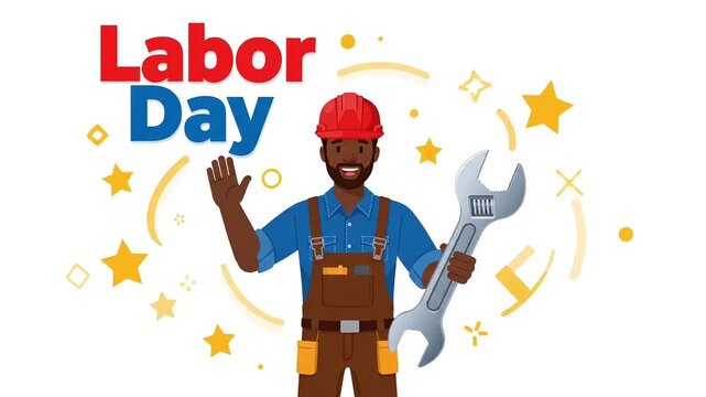 Friendly construction worker holding large metal wrench celebrating labor day in this colorful and bright professional flat style animation footage