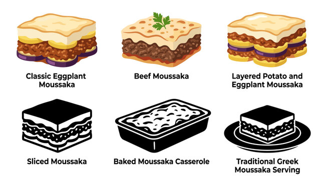 Set of vector collection featuring different styles of traditional Greek Moussaka from Athens, Greece, classic eggplant moussaka, beef moussaka, layered potato and eggplant moussaka
