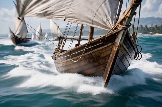 Traditional wooden sailing ships with white canvas sailing fast through rough ocean waves creating large splashes near a tropical coastline