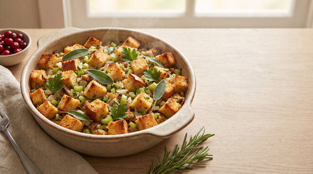 Herb bread stuffing baked in a rustic ceramic casserole, topped with golden toasted cubes, celery, onion, sage and parsley, steaming on a wooden table beside cranberries and copy space.