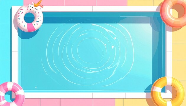 Swimming pool aerial view with swirl ripples and donut unicorn floats, summer fun concept