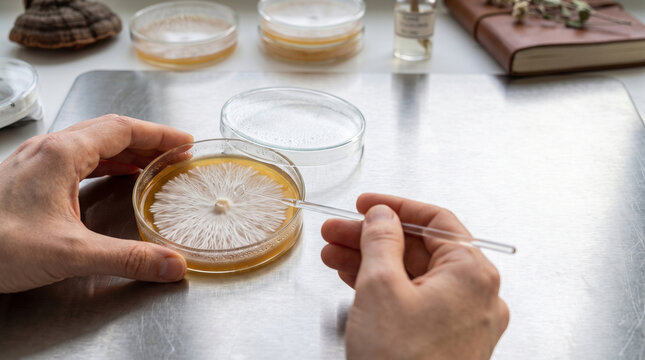 Mycologist Inoculating Agar Petri Dish with Wild Lion's Mane Mycelium Culture