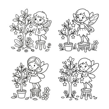 Four illustrations depict whimsical fairies tending to potted plants and leafy branches black and white adorable