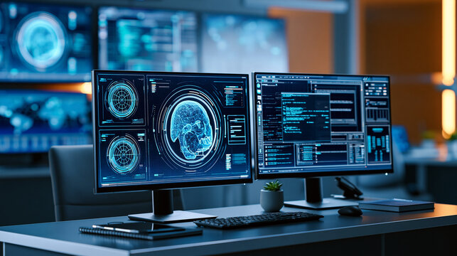 Smart AI command center concept for monitoring industry system, manufacturing reliability, services, cloud operations, AI security and uptime performance across AI digital logs