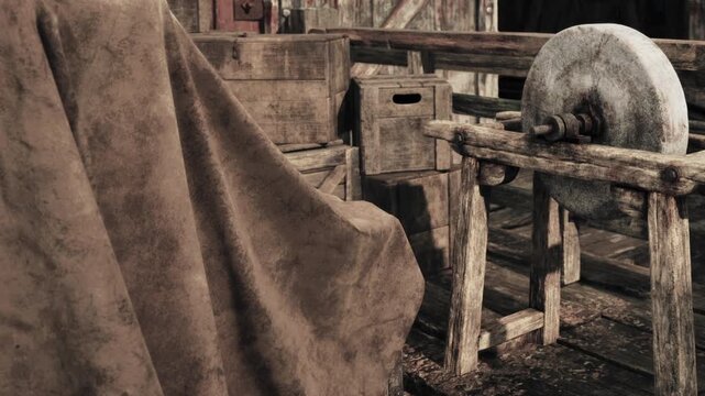 In a quaint workshop, sunlight filters through, casting shadows on weathered wood and crates. A large grinding stone rests against a rustic wooden stand, display of craftsmanship and history.