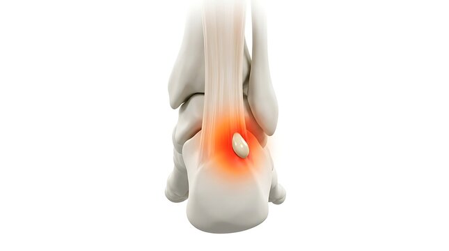 Medical 3D illustration showing bone spur on human calcaneus bone and achilles tendon