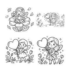 Fototapeta premium Floral ornament depicting four whimsical fairies with heart shapes presented as a black and white vector illustration