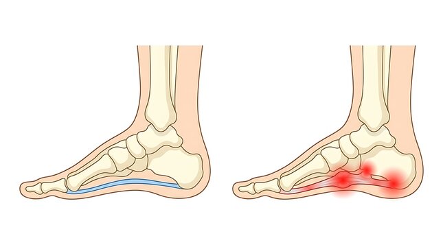 Medical illustration comparing healthy foot anatomy versus plantar fasciitis pain
