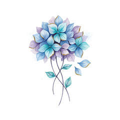 Obraz premium Watercolor hydrangea flower bouquet with blue and purple petals isolated on a transparent background