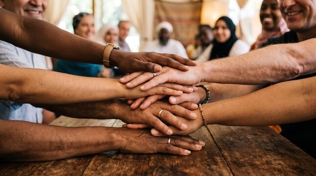 Diverse group of people stacking hands together showing unity and teamwork