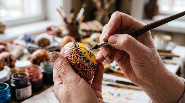 Close up of hands painting intricate patterns on a yellow Easter egg with a fine brush and ink