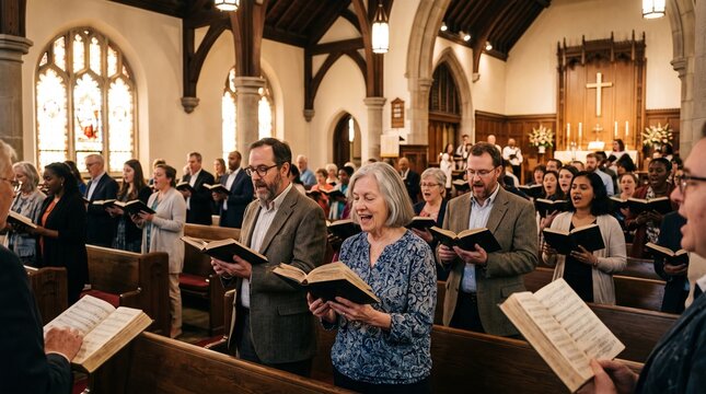 Diverse choir group singing hymns from books in a church with stained glass windows