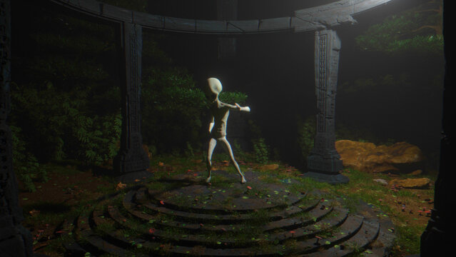 Alien figure walking through a shadowy forest clearing with circular ground patterns, creating an eerie extraterrestrial encounter for surreal fantasy and mysterious sci-fi themes for surreal sci-fi
