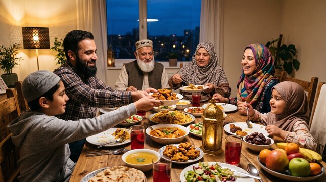Multi generational Muslim family enjoying Iftar dinner together at a wooden table laden with traditional food