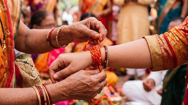 Elderly woman ties sacred red and yellow thread bracelet on younger woman's wrist during Indian wedding ceremony