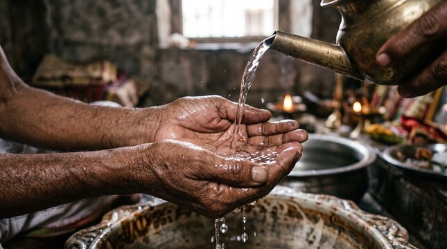 Elderly Hands Cupped Receiving Water from Brass Pot During Ritual