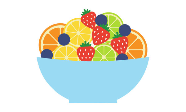 Stylized fruit salad bowl icon with geometric orange lemon lime and berries on a white background, healthy nutrition concept