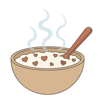 Stylized bowl of hot porridge with a wooden spoon and floating heart shapes isolated on white Healthy breakfast concept