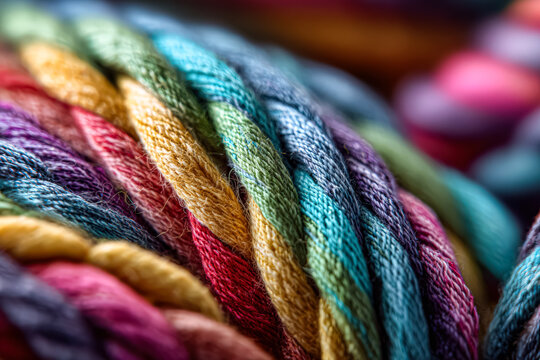 Close up image of vibrant embroidery threads twisted together, showcasing a variety of colors including red, blue, yellow, and green, suggesting textile art and crafting.