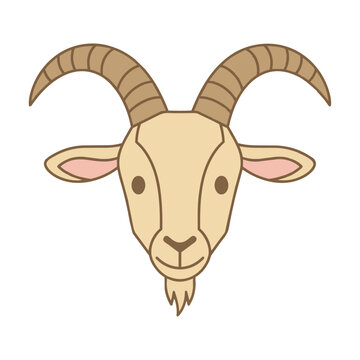 Friendly goat head monoline icon with symmetrical curved horns and gentle expression isolated on white minimalist animal design concept