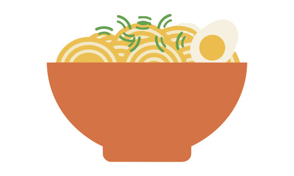 Minimalist graphic of a ceramic bowl with ramen noodles topped with a sliced egg and scallions on a white background, delicious food culinary concept