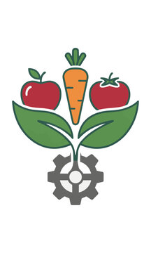 Minimalist monoline icon of a leaf cradling a carrot, tomato, and apple with a gear stem on white, representing sustainable agriculture concept