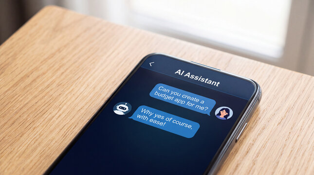 A close-up of a smartphone on a wooden table featuring an AI assistant interface where a user asks to create a budget app