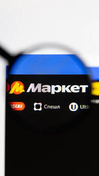 Milan, Italy 2026, 15 AGO Closeup of Yandex Market website page on a laptop screen. Focus on Yandex Market logo under a magnifying glass.