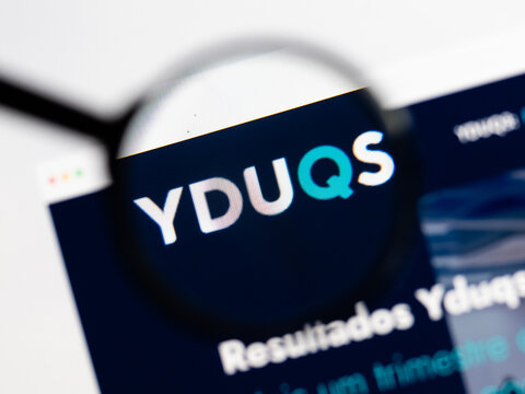 Milan, Italy 2026, 15 AGO Closeup of Yduqs website page on a laptop screen. Focus on Yduqs logo under a magnifying glass.