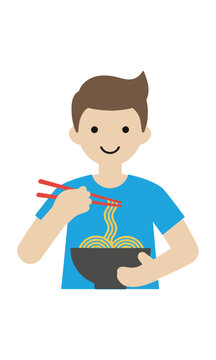 A cheerful character eats noodles with chopsticks, minimalist design on white