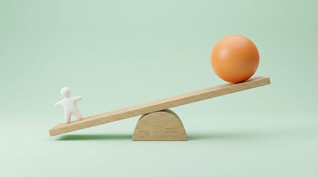 Small white figure balancing a heavy orange ball on wooden seesaw balance scale