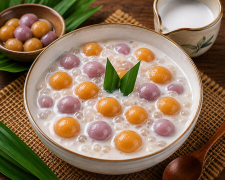 Candil porridge is a traditional Southeast Asian snack made with sweet Indonesian coconut milk, colorful tapioca pearls, and taro balls. An Indonesian culinary treat.