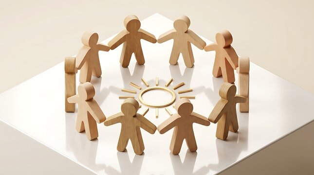 Wooden cutout figures holding hands in a circle around a glowing sun symbol