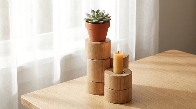 Handmade wooden cylinder block stands holding a small potted plant and candle