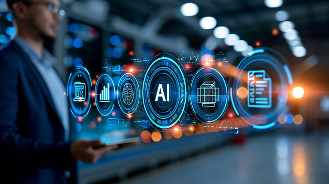 Futuristic AI automation workflow infographic showing data collection, AI analysis, decision making, automated execution, quality control, and reporting optimization in high-tech