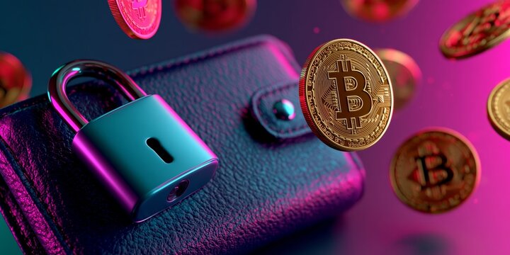 A secure blue padlock rests on a dark leather wallet surrounded by floating gold Bitcoin coins under neon pink lighting.