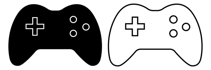 Gamepad icon vector set displays black silhouette and outline joystick controllers. Minimalist video game pad technology symbols are isolated on a clean white background for UI projects. © VectaVue