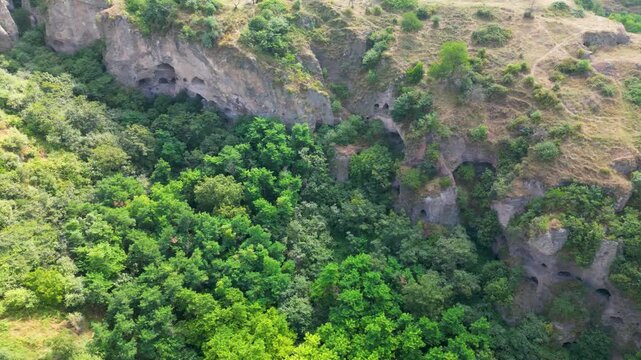 Aerial drone footage of rock cliffs with cave openings and dense green vegetation growing along the lower part of the rocky slope.