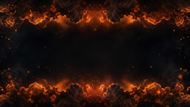 上下に配置された激しい炎と煙のボーダー / Border of intense fire and smoke positioned top and bottom (Generative AI)