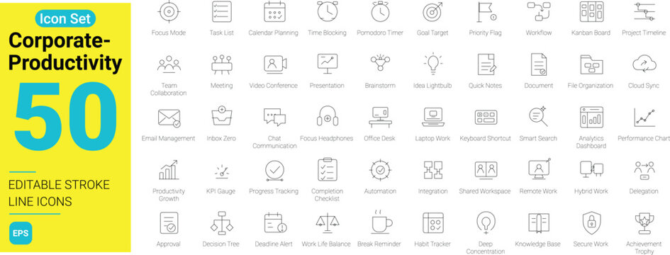 50 Corporate Productivity line icons set with editable stroke. Business efficiency, time management, task planning, remote work, and workflow optimization web symbols isolated on white background