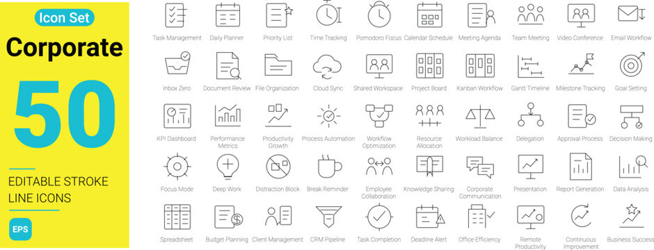 50 Corporate line icons set with editable stroke. Business management, task planning, office productivity, workflow optimization, and performance growth web symbols isolated on white background