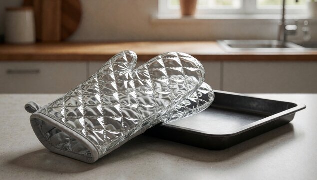 Pair oven mitts resting kitchen countertop next baking tray mittens made shiny metallic material diamond patte