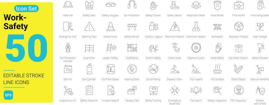 50 Work Safety line icons set with editable stroke. Occupational health, industrial safety, protection gear, hazard warning, and workplace compliance web symbols isolated on white background