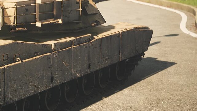 A large military tank stands prominently on a city street, with sunlight reflecting off its rugged surface. The surrounding area appears calm, contrasting with the tanks imposing presence.